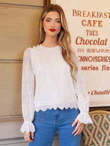 SHEIN Frenchy Women's Lace Flare Sleeve Blouse - White - View 5