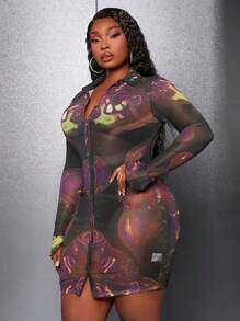 Slaydiva Hơn In Đồ họa Nút phía trước Lưới Váy bodycon - màu đen - Xem 3