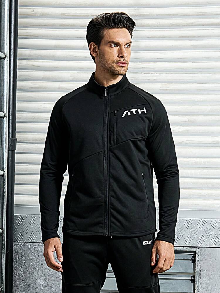 Men Letter Graphic Zip Up Sports Jacket Workout Tops Sports Jacket