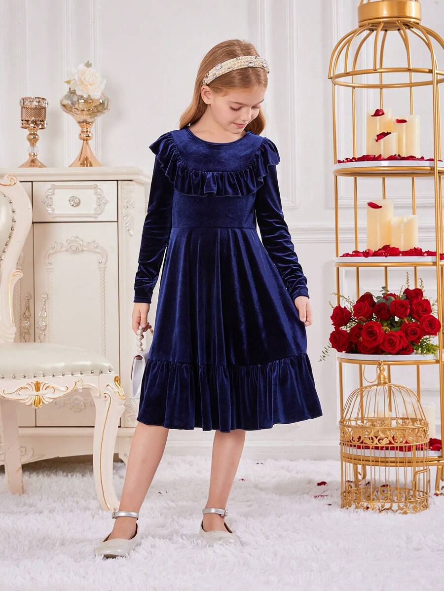 Tween Girl Ruffle Trim Ruffle Hem Velvet Dress Without Belt for Christmas - Royal Blue - View 1