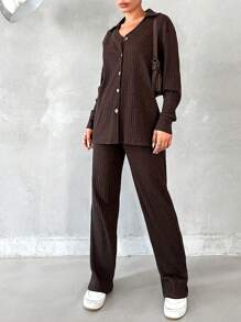 RueChic Drop Shoulder Button Front Tee & Pants - Brown - View 3