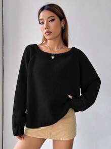 SHEIN EZwear Solid Raglan Sleeve Oversized Sweater,Ladies Late Fall Casual Long Sleeve Loose Black Raglan Sleeve Pullovers Women Sweaters,Long Sleeve Tops,Off The Shoulder Sweater - Black - View 4