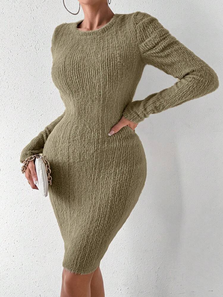 Solid Puff Sleeve Bodycon Dress Fall Cloth For Women