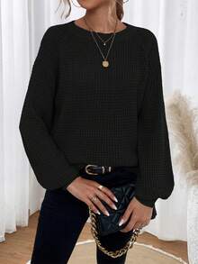 SHEIN Essnce 純色圓肩袖休閒女式毛衣 - 黑色 - 查看 5