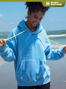 In My Nature Letter Embroidery Kangaroo Pocket Drawstring Outdoor Sweatshirt - Blue - View 1