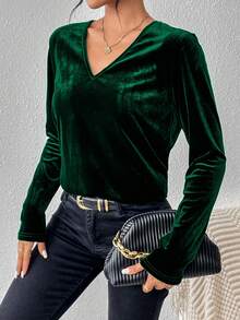 SHEIN LUNE 水溶蕾絲拼接後綁帶絲絨T恤 - 墨綠色 - 查看 5
