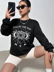 SHEIN Unity 日月圖案落肩袖運動衫 - 黑色 - 查看 5