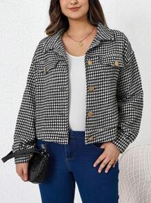 SHEIN LUNE Plus Houndstooth Print Drop Shoulder Flap Detail Jacket - Black and White - View 1