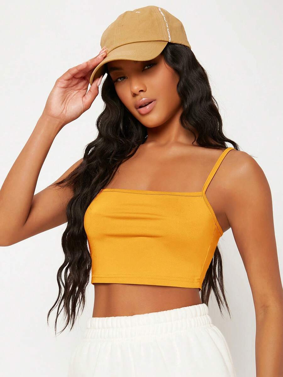 SHEIN BASICS Solid Crop Cami Top - Yellow - View 1