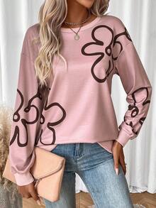 SHEIN LUNE Floral Print Drop Shoulder Sweatshirt - Khaki - View 5