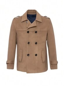 RueChic Men's Short Solid Color Double Breasted Woolen Jacket With Pockets - Camel - View 1