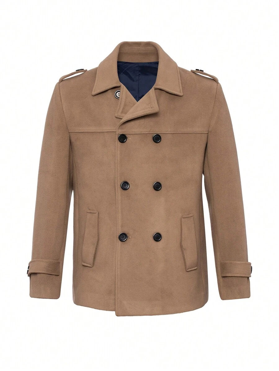 RueChic Men's Short Solid Color Double Breasted Woolen Jacket With Pockets - Camel - View 1