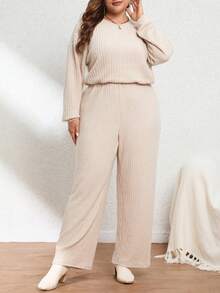 SHEIN Essnce Kích thước lớn Tay áo dài Sọc Áo liền quần - Màu be - Xem 3