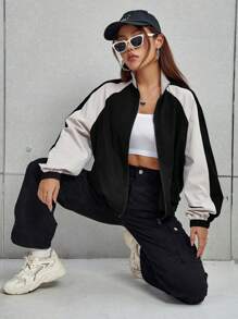 Flirla Color Blocking Zipper Front Raglan Sleeve Jacket Fall Winter Cloth For Women