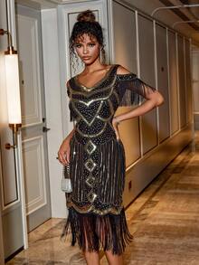 Vintage V-Neck Cold Shoulder Sleeveless Sequin Fringe Trim Bodycon Dress Cocktail Semi Formal Prom Wedding Guest Dress, For Birthday, Graduation, Dinner, Homecoming