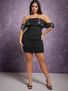 Hauture Plus Off Shoulder Sequin Ruched Dress - Black - View 3