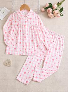 女童粉色條紋趣味愛心圖案開襟長袖長褲家居服兩件套 - 粉色 - 查看 1