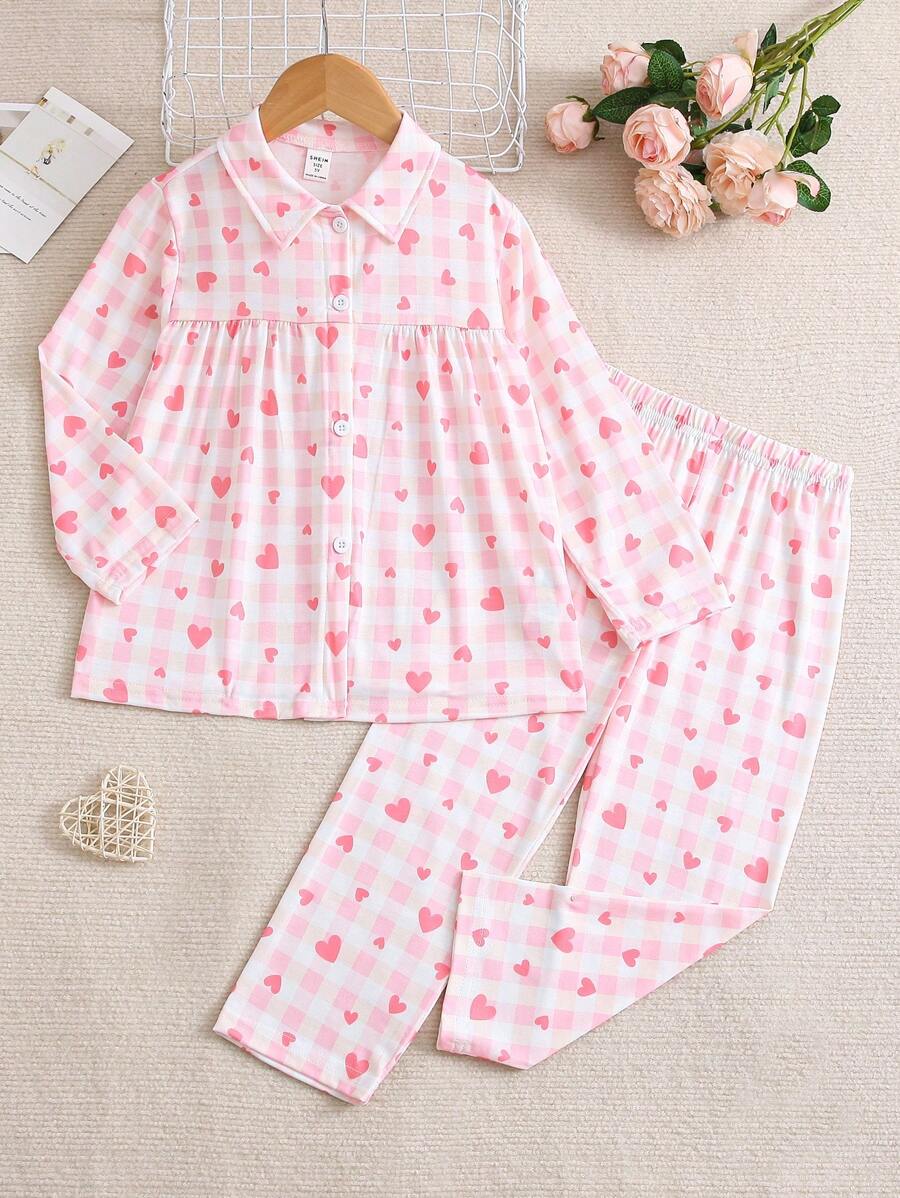 女童粉色條紋趣味愛心圖案開襟長袖長褲家居服兩件套 - 粉色 - 查看 1