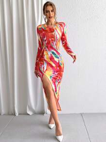 SHEIN Privé Allover Print Split Thigh Bodycon Dress - Multicolor - View 2