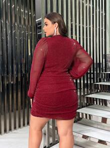 SHEIN Privé Plus sukienka typu bodycon z dekoltem typu serplice i rękawami typu lantern, marszczona, z brokatem, na Święto Dziękczynienia