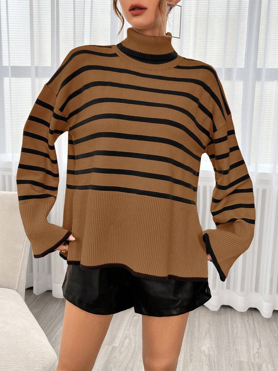 SHEIN Essnce 條紋傾肩毛衣 - 卡其色 - 查看 1