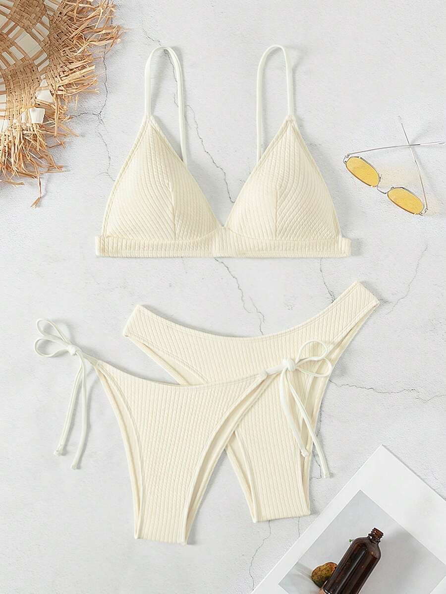 SHEIN Swim Summer 3pcs/Set Rib Knit Bikini Set - Beige - View 1