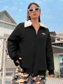SHEIN EZwear 條紋圖案側拼接領夾克 - 黑色 - 查看 1