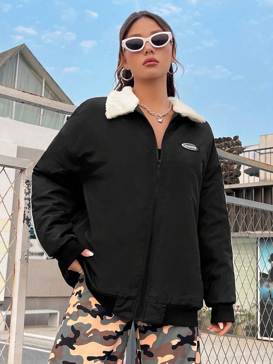 SHEIN EZwear 條紋圖案側拼接領夾克 - 黑色 - 查看 1