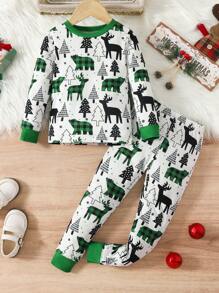 Family Matching Christmas Pajamas For Young Girl, Spring & Autumn Style Soft Long Sleeve Top And Pants, Casual & Snug Fit Loungewear Sets - Green - View 1