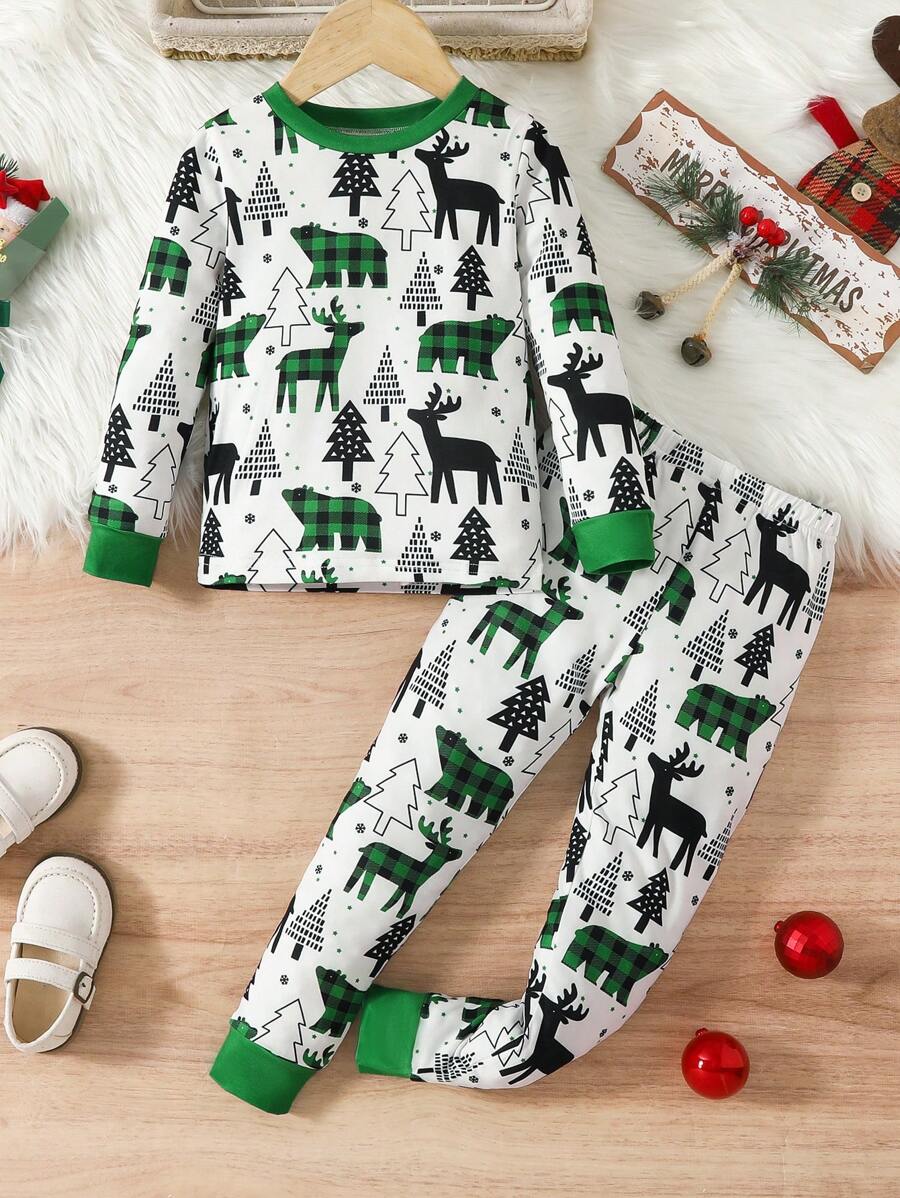 Family Matching Christmas Pajamas For Young Girl, Spring & Autumn Style Soft Long Sleeve Top And Pants, Casual & Snug Fit Loungewear Sets - Green - View 1