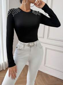 SHEIN Privé Ngọc trai đính cườm Đồ đan Ribbed Áo thun - màu đen - Xem 5