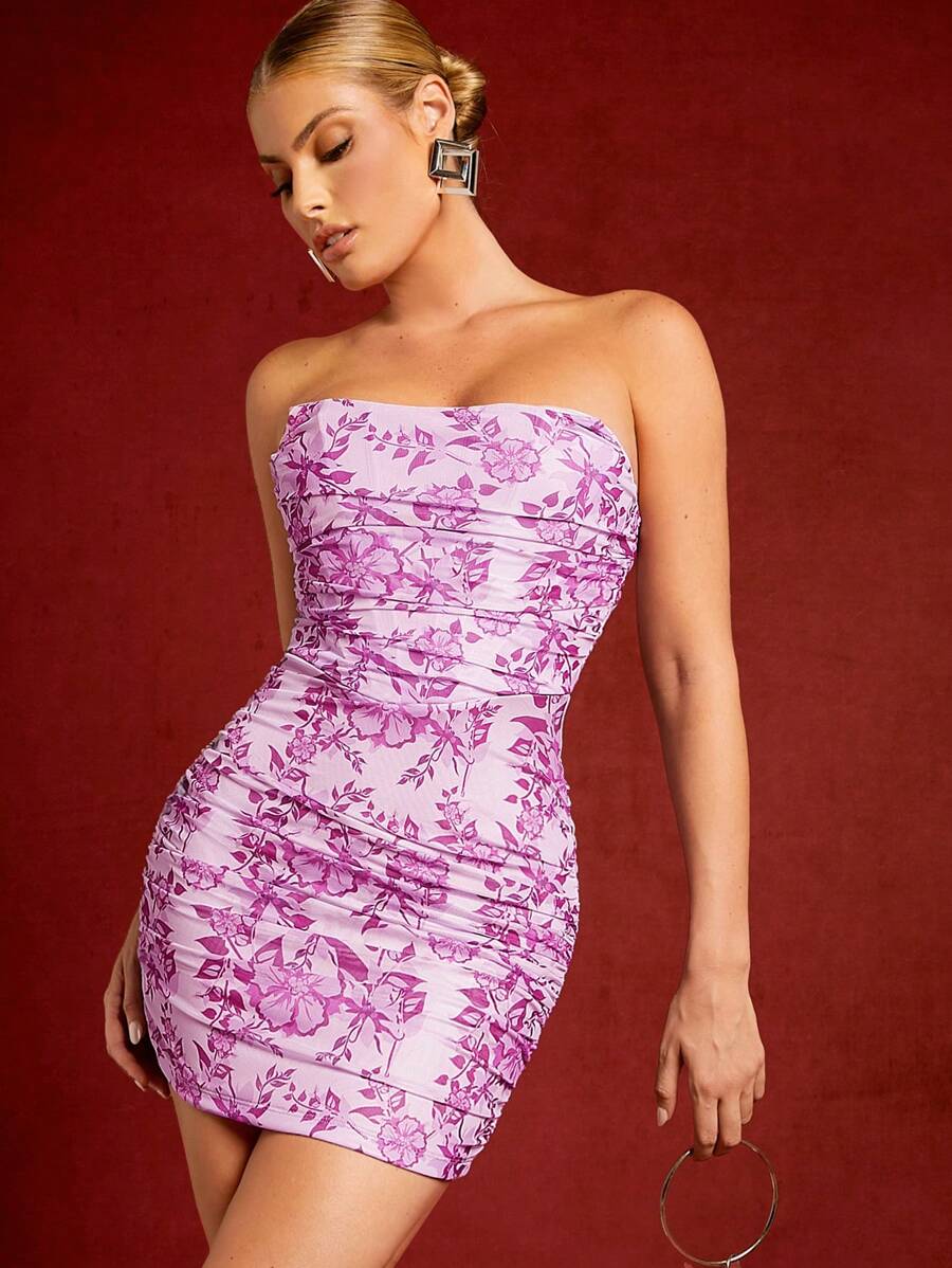 Hauture Floral Print Ruched Bodycon Tube Dress - Red Violet - View 1