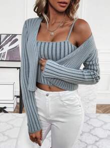 SHEIN LUNE Gerippter Strickpullover Und Cardigan - Grau - Übersicht 1