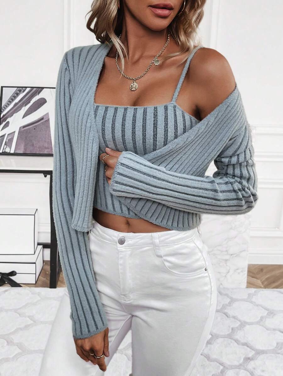 SHEIN LUNE 條紋針織毛衣和開襟羊毛衫 - 灰色 - 查看 1