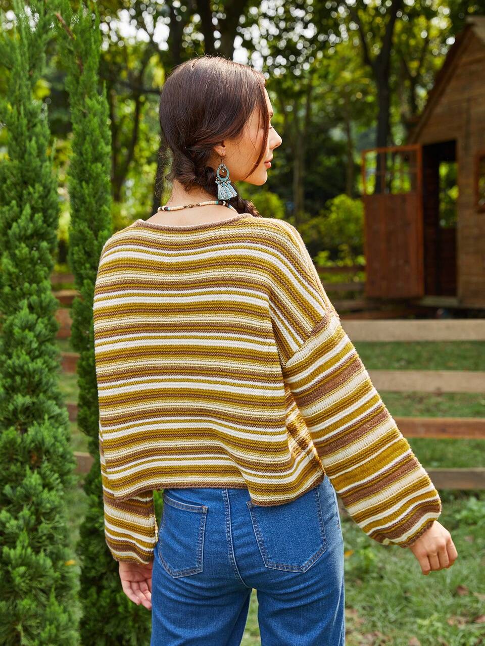 Women's Drop Shoulder Striped Sweater