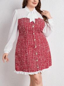 SHEIN Privé 大碼格紋印花繫帶領前紐扣假兩件洋裝 - 紅白色 - 查看 1