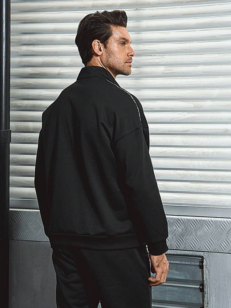 Boyfriend Style Men Letter Graphic Contrast Tape Zip Up Sports Jacket Workout Tops Sports Jacket