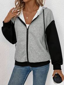 SHEIN LUNE 雙色落肩袖抽繩拉鍊連帽夾克 - 黑色 - 查看 6