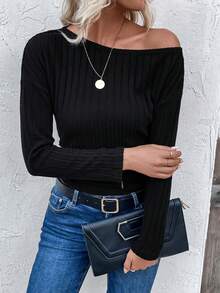 SHEIN LUNE Chất rắn Cổ không đối xứng Áo thun - màu đen - Xem 5