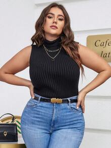 SHEIN Frenchy Kích thước lớn Cổ cao Không tay Áo len - màu đen - Xem 6