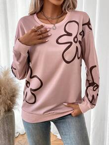 SHEIN LUNE Floral Print Drop Shoulder Sweatshirt - Khaki - View 3