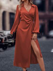 SHEIN Clasi Tay áo lồng đèn Viền mặt trước Váy quấn - Gỗ đỏ - Xem 3