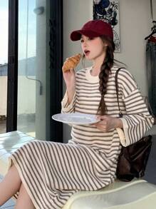 DAZY 條紋下垂肩毛衣裙 - 棕色 - 查看 4