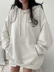Slogan Graphic Drop Shoulder Oversized Hoodie,Long Sleeve Tops Casual Spring - Grey - View 4