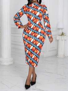 SHEIN Clasi Vestido ajustado con estampado geométrico de cuello alto - Multicolor - Ver 3