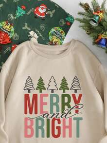 大码圣诞印花保暖内衬运动衫 - 杏色 - 查看 5