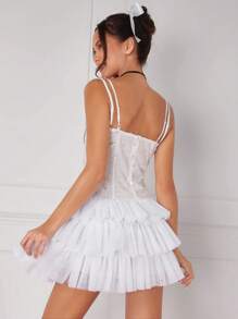 Enchnt Women's Glitter Sequin Spaghetti Strap Dress With Multilayer Mesh Hem - White - View 2