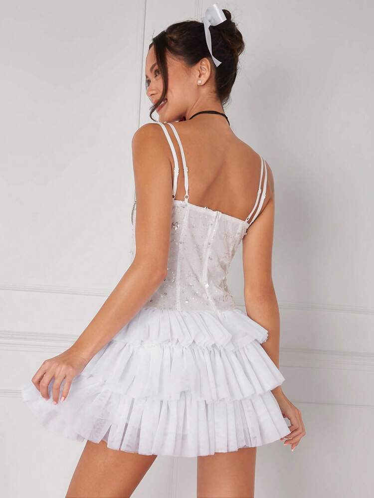 Women's Glitter Sequin Spaghetti Strap Dress With Multilayer Mesh Hem