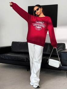 SHEIN Unity Women's Letter Slogan Print Thermal Lined Sweatshirt - Burgundy - View 5