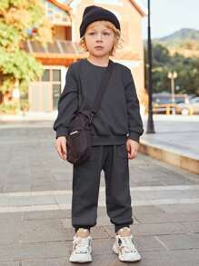 SHEIN Young Boy Solid Sweatshirt & Sweatpants - Grey - View 1